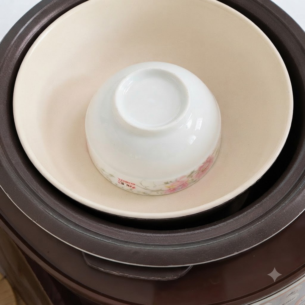 蒸し器や調理容器の中央に、伏せて置かれた白い小鉢。