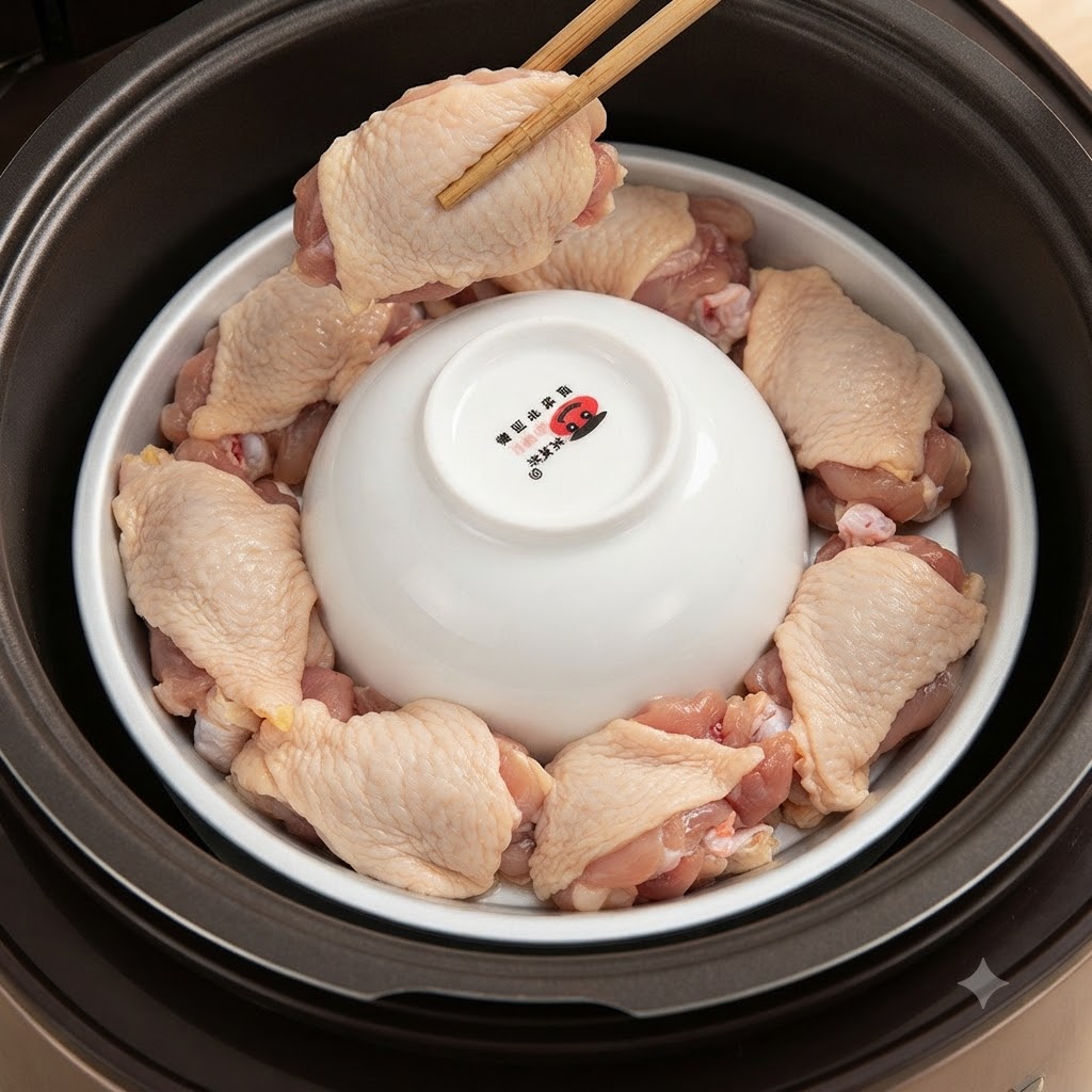 箸を使って、容器内の逆さにした小鉢の周りに鶏肉を並べている様子。