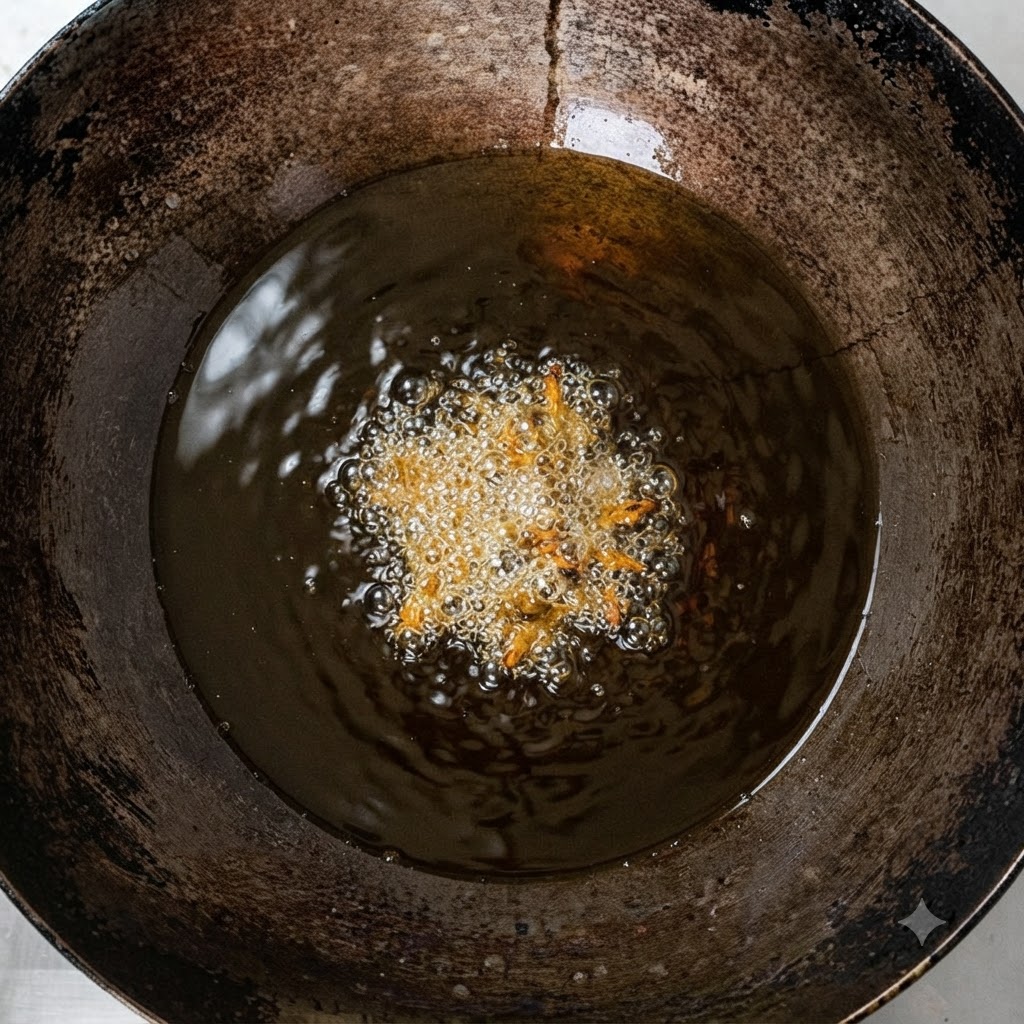 中華鍋の熱い油で生姜の薄切りを炒めている様子