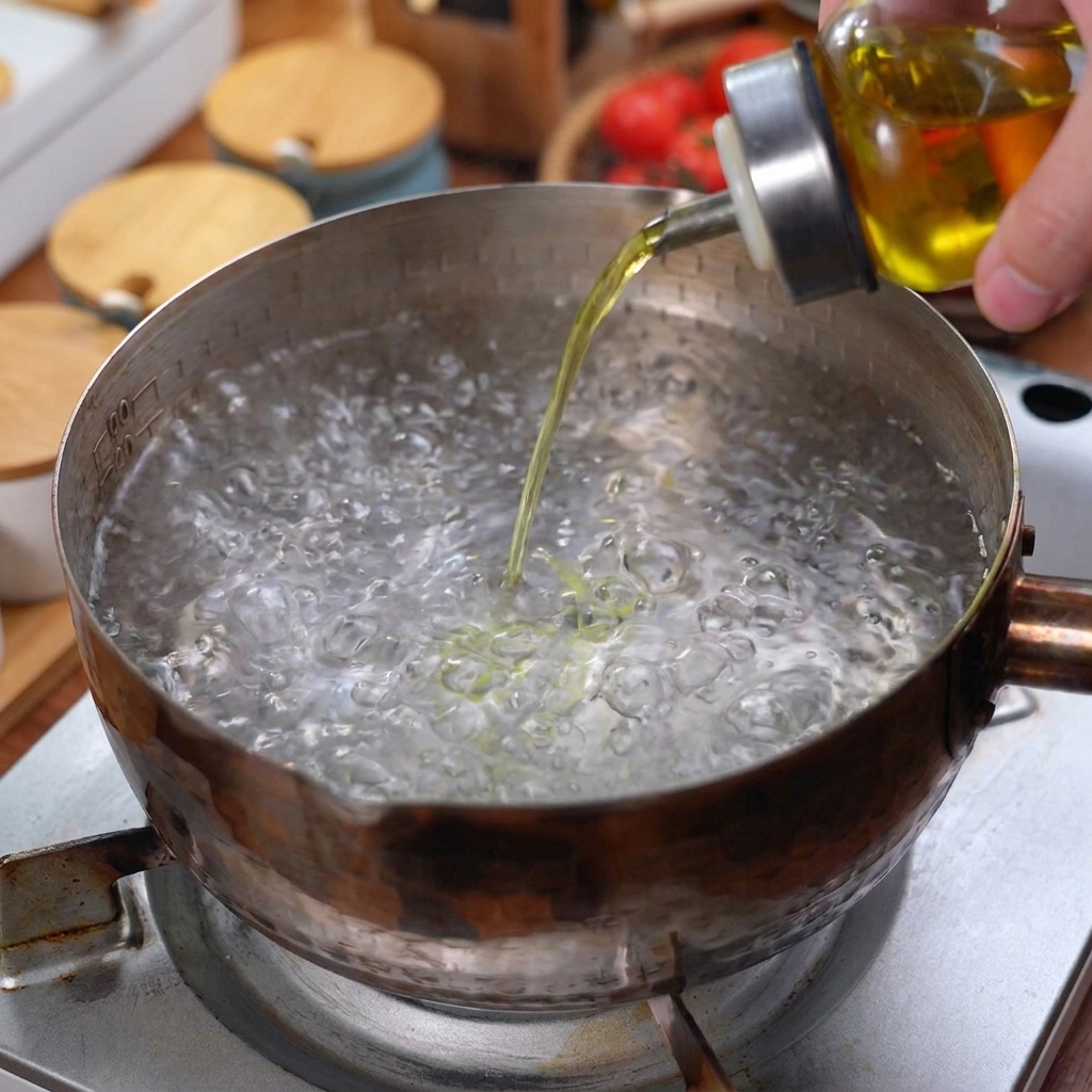 沸騰したお湯の入った鍋にサラダ油を注いでいる様子。
