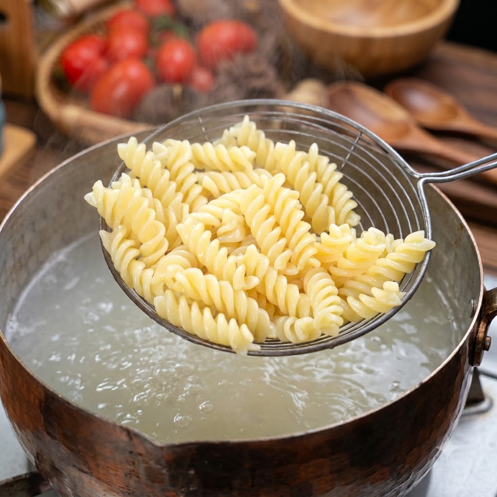 茹で上がったショートパスタを網じゃくしで掬い上げている様子。