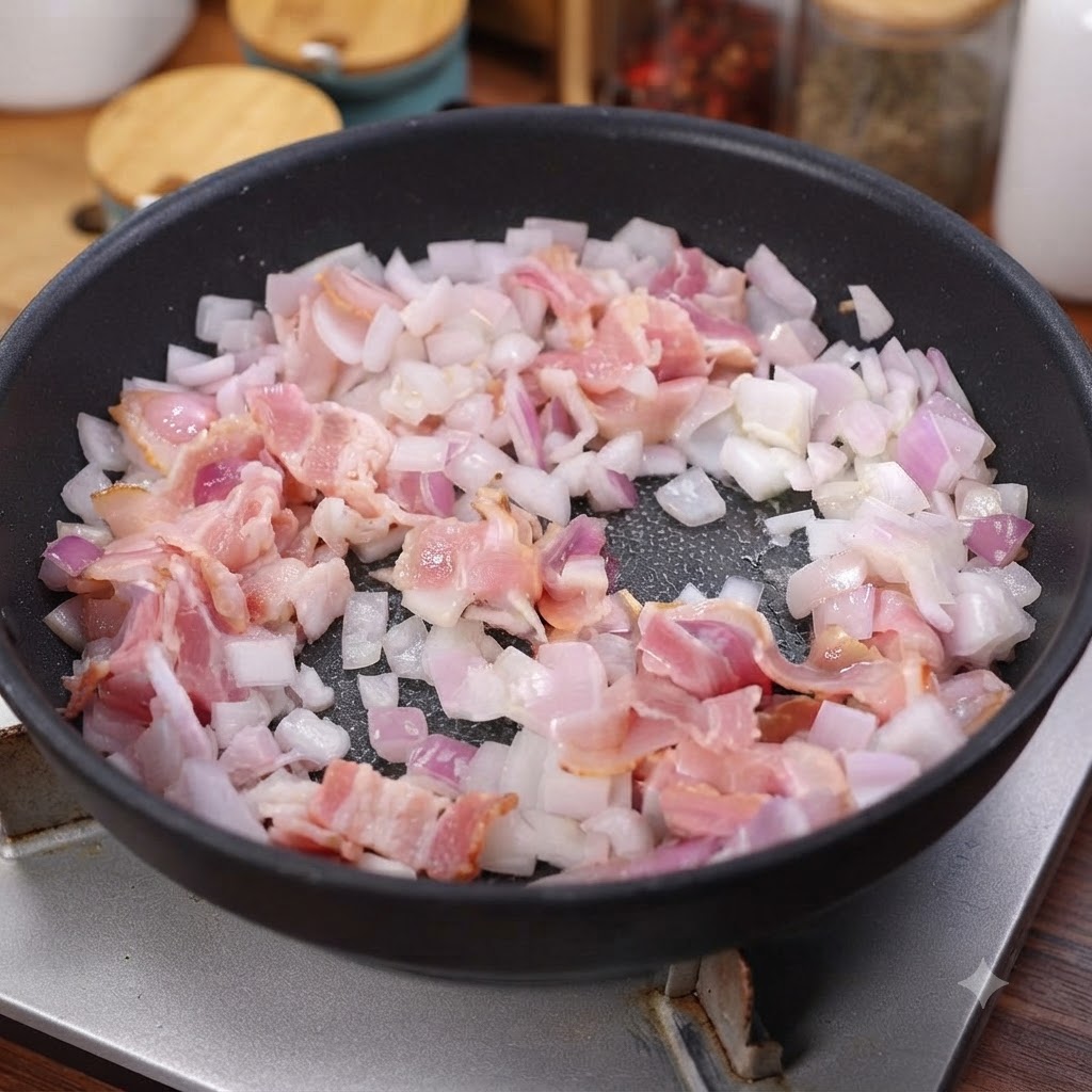 フライパンで炒めた玉ねぎと一緒にスモークベーコンを炒めている様子。