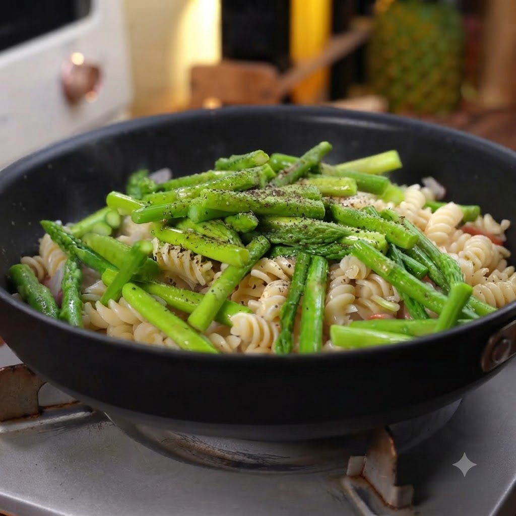 調理されたパスタ、グリーンアスパラガス、ベーコンが入ったフライパンに、ミルで挽きたての黒こしょうをかけている様子。