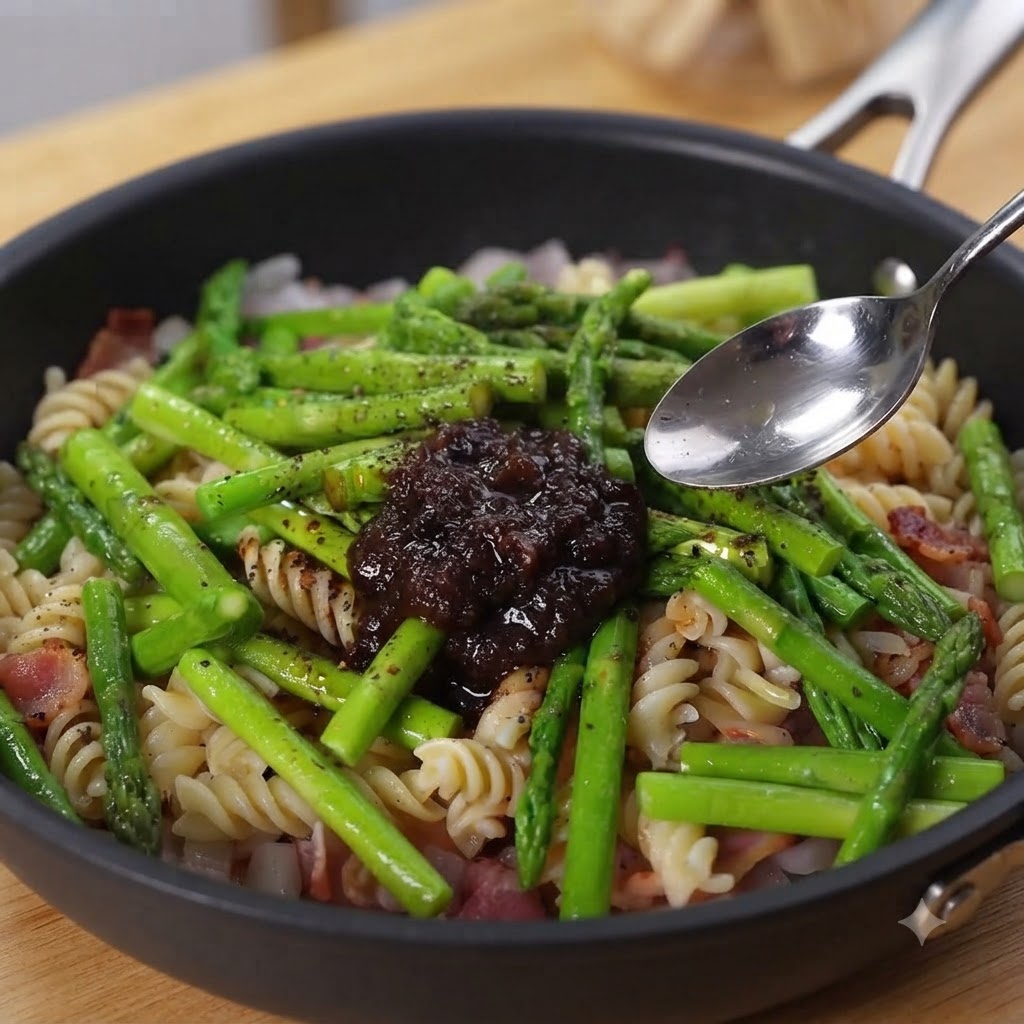 パスタとグリーンアスパラガスが入ったフライパンに、スプーンで濃厚な黒トリュフソースを落としている様子。