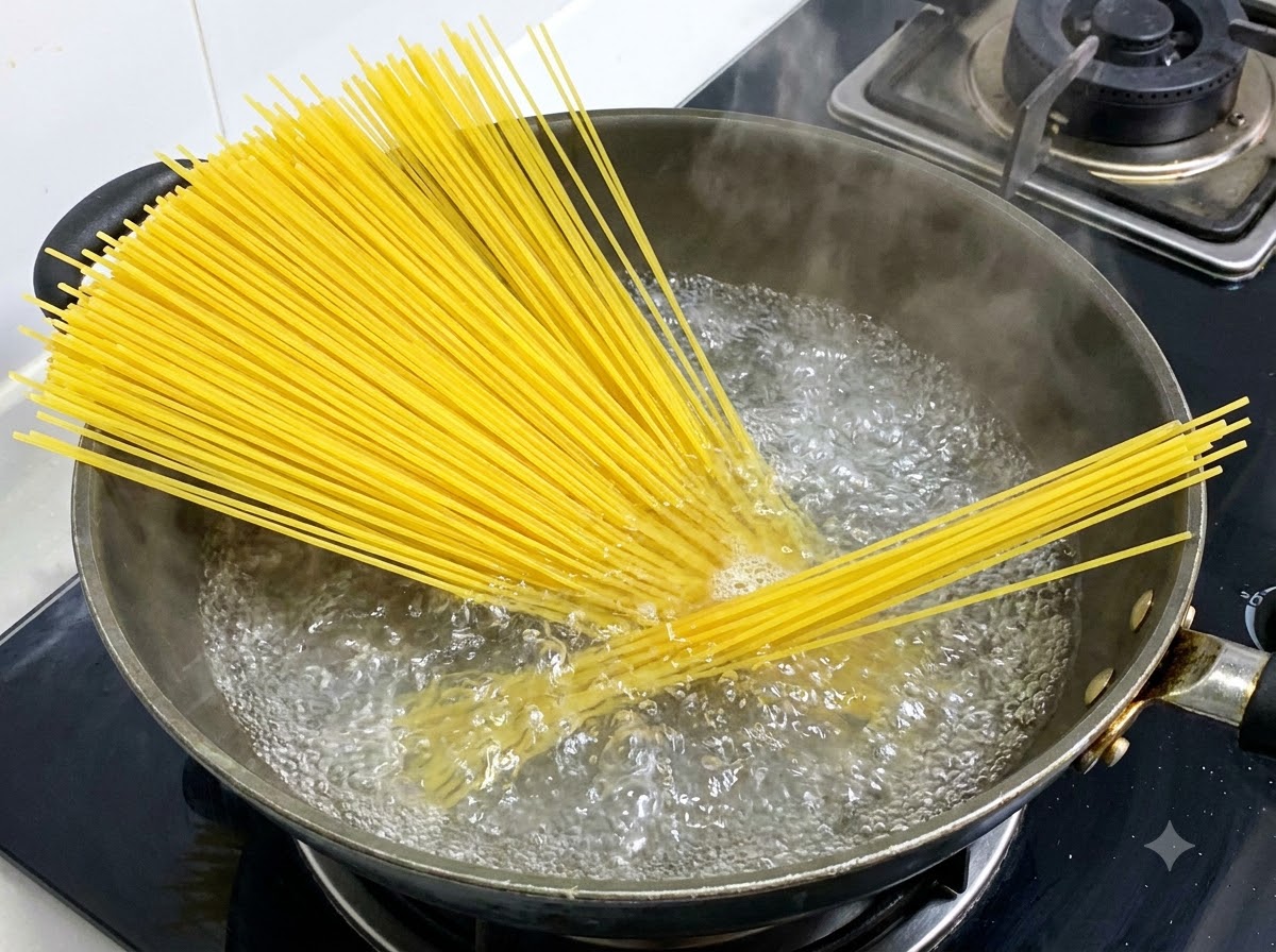 大きな鍋の沸騰したお湯の中で茹でられている長い黄色のスパゲッティ。