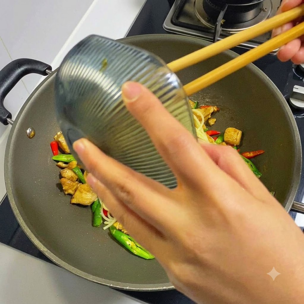 小さなボウルから、スパゲッティと鶏肉の入った中華鍋へ濃い色の旨味ソースを回し入れている手。