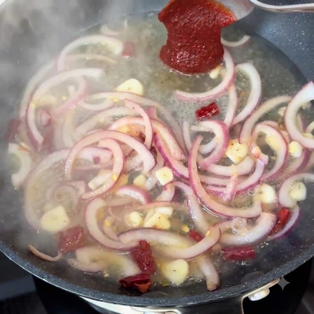 水、スライスした玉ねぎ、調味料が入ったフライパンに、韓国風辛味ソースをスプーンで入れている様子。