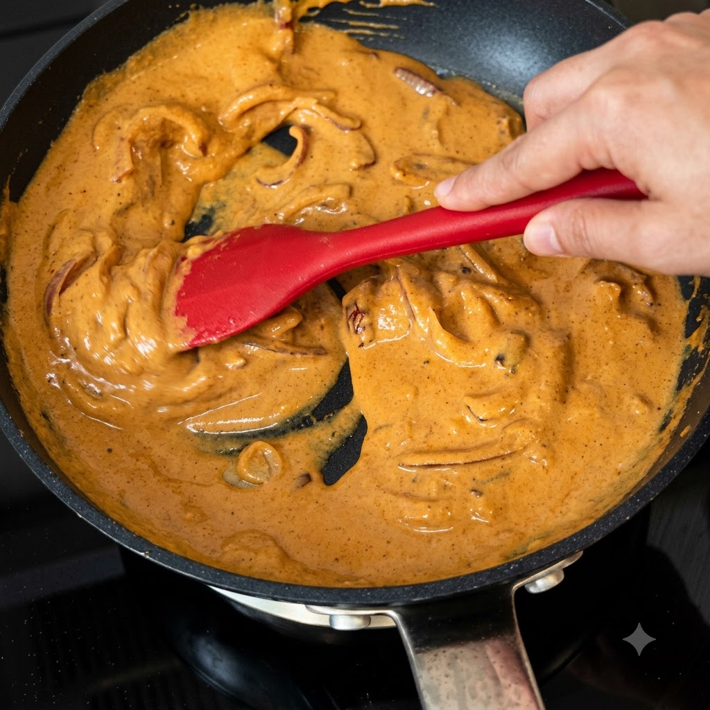 赤いスパチュラでフライパンの中のなめらかで濃厚なオレンジ色のカレークリームソースを混ぜている様子。