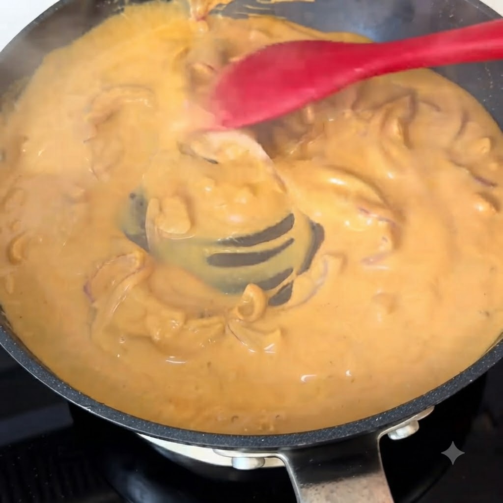 とろみのついたグツグツとしたオレンジ色のカレークリームソースに、茹でたスパゲッティを絡めている様子。