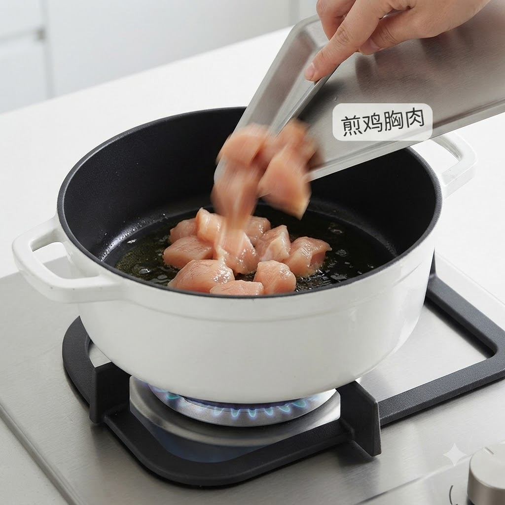 金属製のトレイから一口大の鶏むね肉がガスコンロの上の熱した鍋に滑り落ちている様子