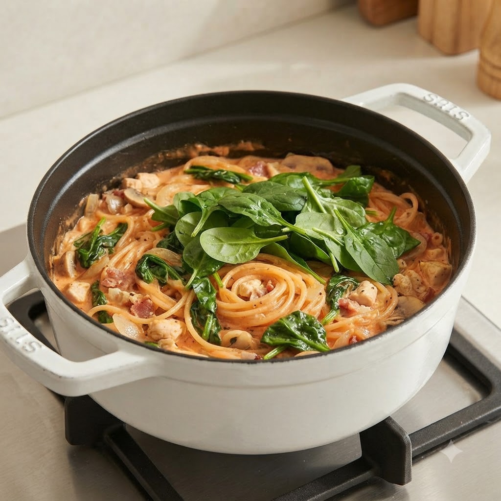 鶏肉とベーコンが入ったクリーミーなパスタの上に、新鮮なほうれん草が山盛りに乗せられている様子