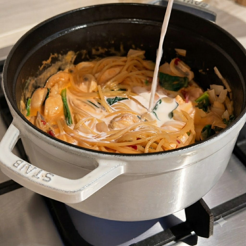 コンロの上のパスタとソースが入った鍋に、注ぎ口から液体が注がれている様子