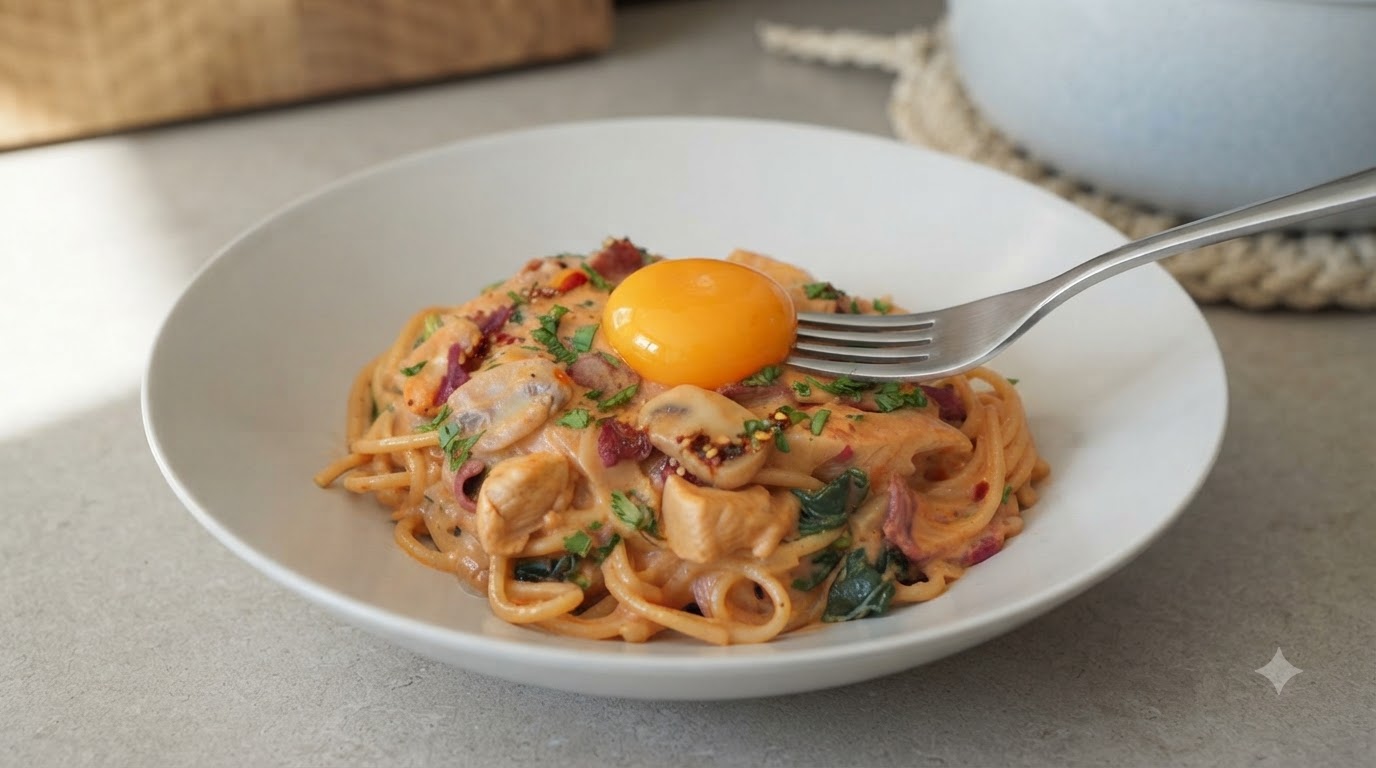 スパイシーでクリーミーなベーコンとチキンのパスタ