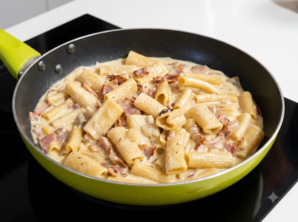 パスタとクリームソースにトリュフペーストがしっかり混ざり合い、フライパンの中でまだらなベージュ色になっている様子。