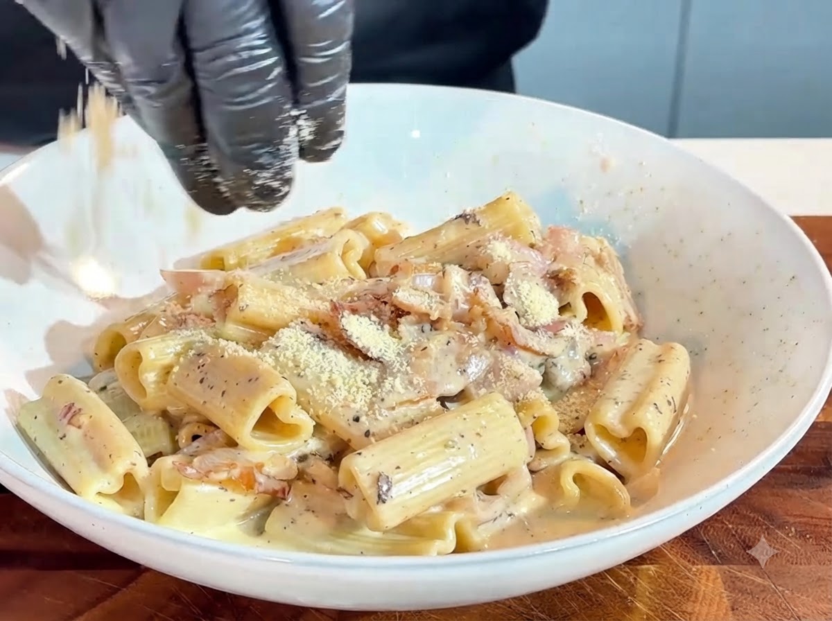 盛り付けられたパスタのボウルに、上からすりおろしたチーズパウダーを振りかけている様子。
