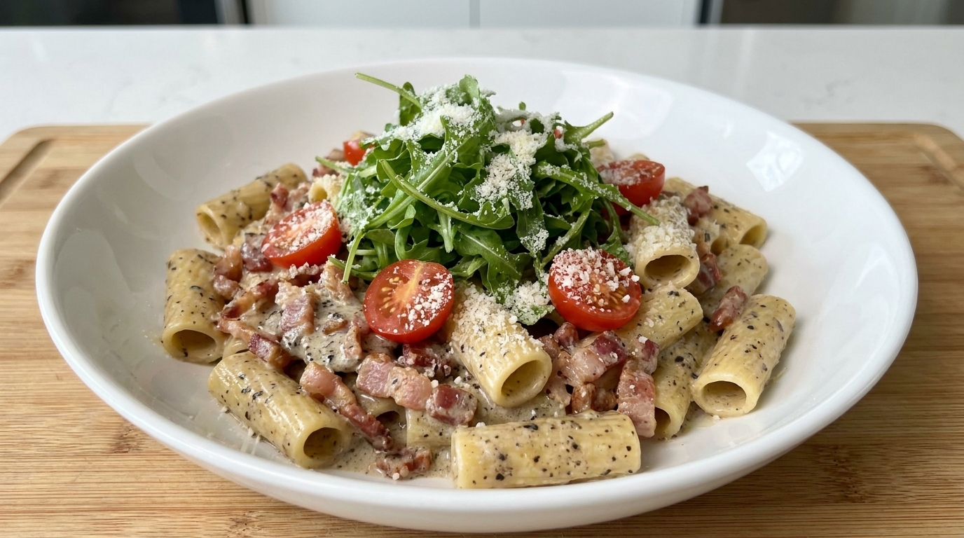 ベーコンと黒トリュフ香るハート型パスタのクリームソース