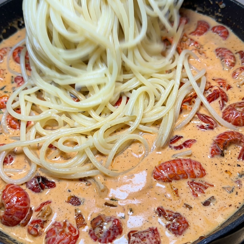 クリーミーなザリガニソースが入ったフライパンに投入されているスパゲティの麺。