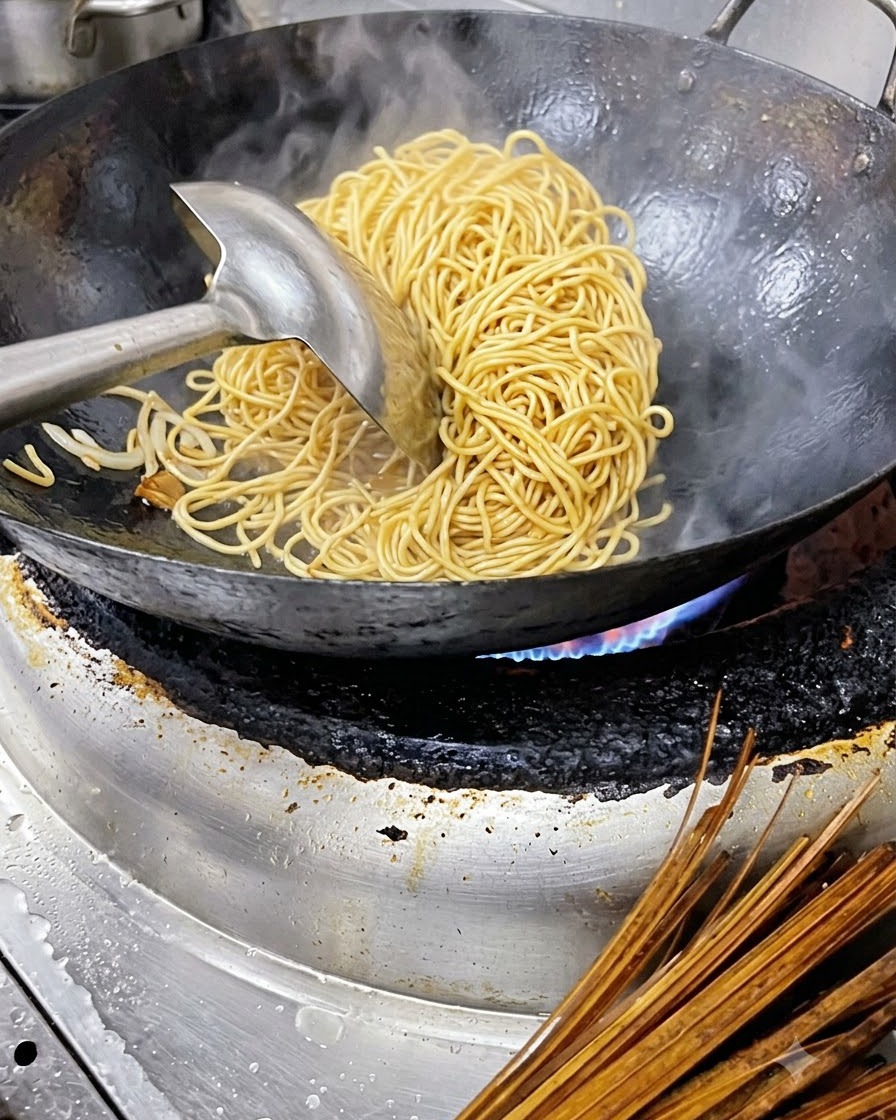 茹でた黄色の麺を大きなお玉を使って金属製の中華鍋で炒めている様子。