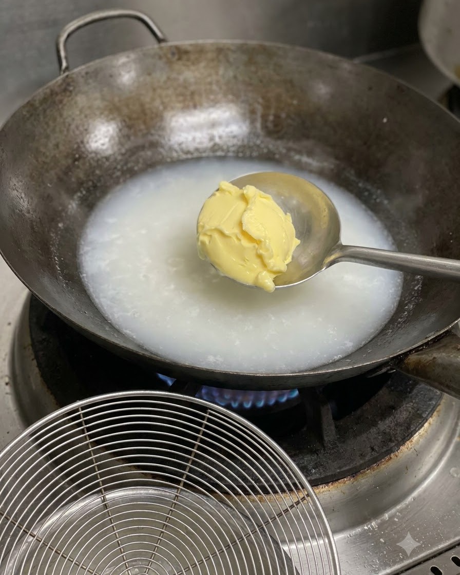 中華鍋の中の煮立った白いスープストックに、スプーン一杯の黄色のバターまたはチーズが加えられている様子。