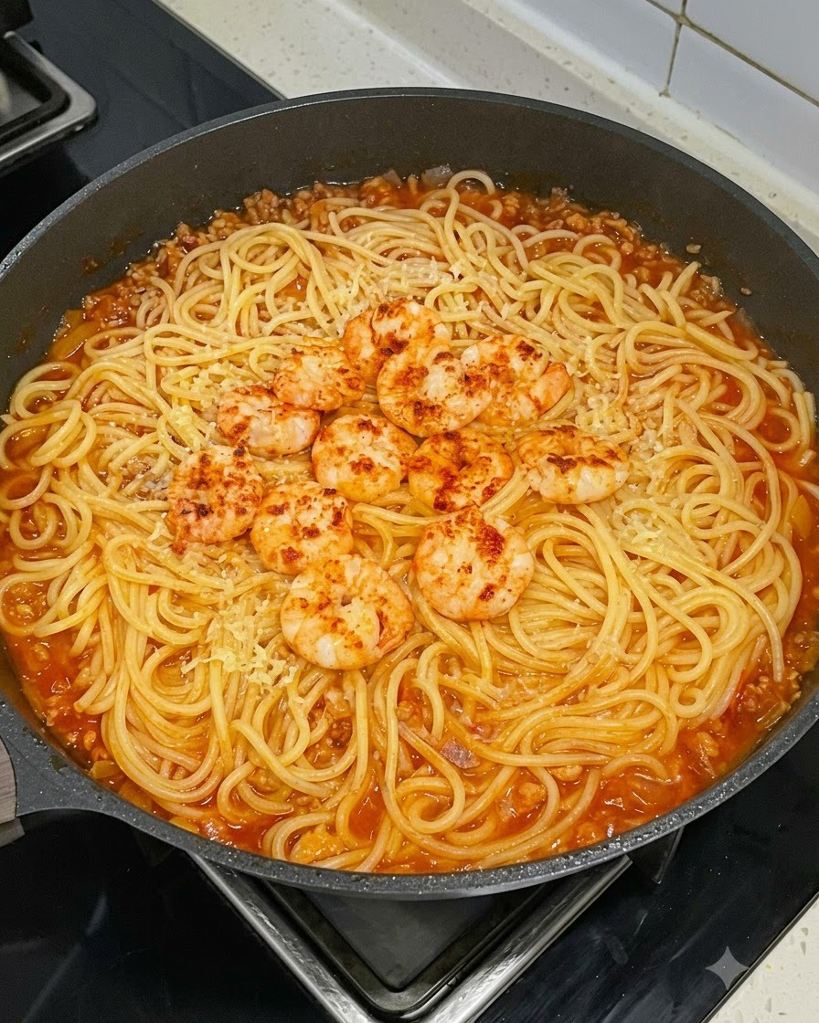 パスタとミートソースの入ったパンに、味付けしてソテーしたえびをリング状に並べ、シュレッドチーズを軽く散らしたところ。