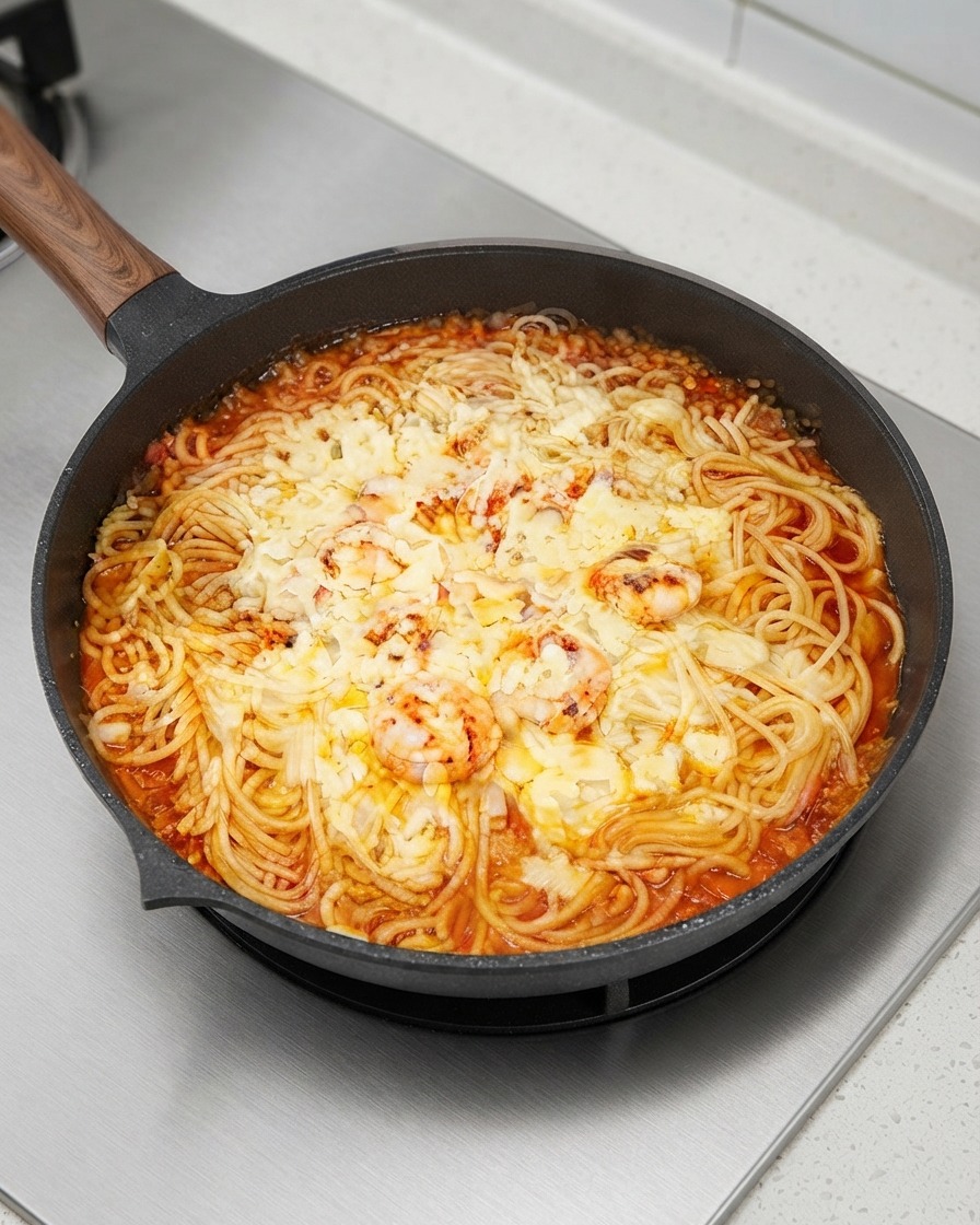 パスタとえびの入ったスキレットが、とろけたシュレッドチーズと乾燥ハーブにすっぽりと覆われているところ。
