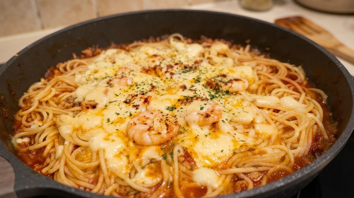 ワンパンで作るチーズとエビのパスタ