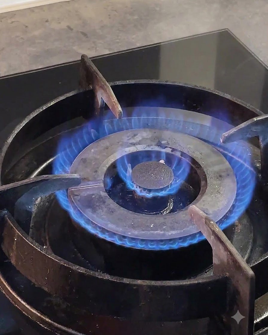 金属製の五徳の下で勢いよく燃えるガスコンロの青い炎。