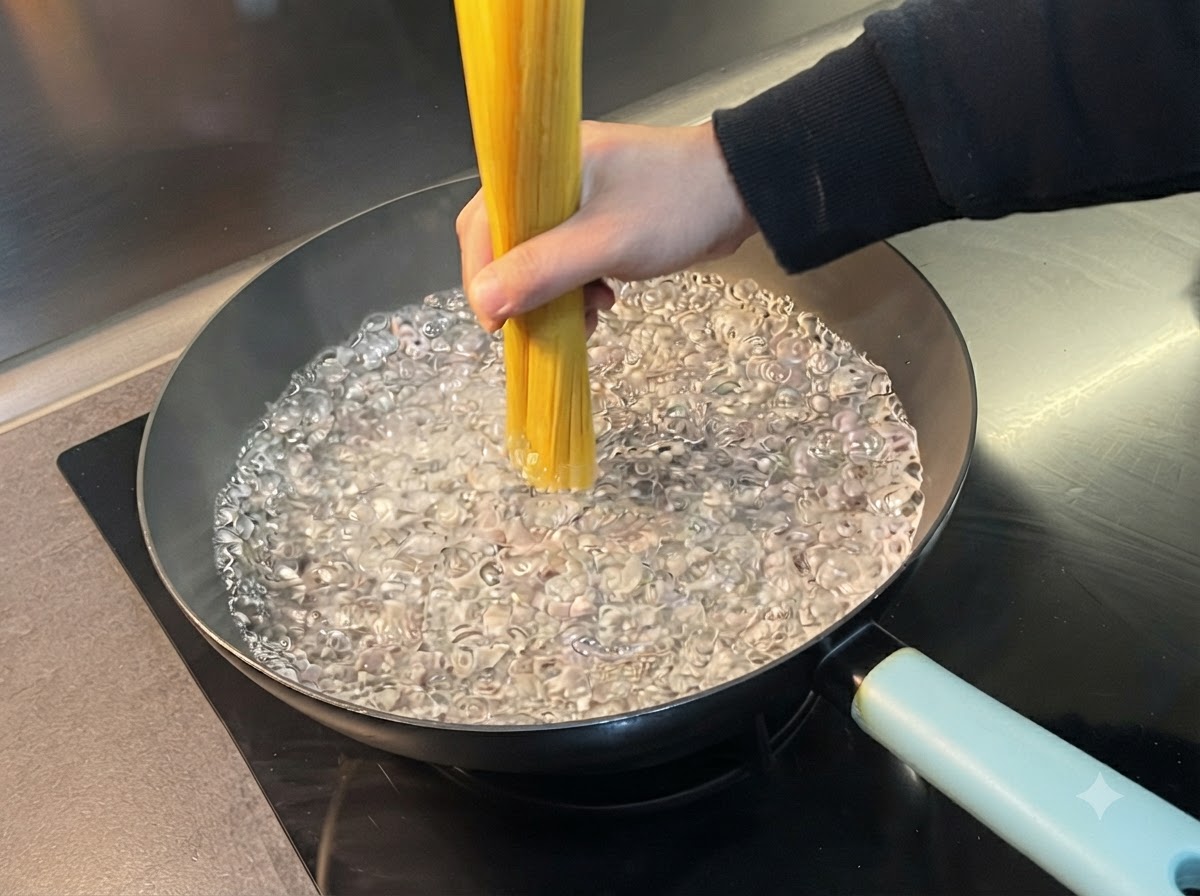 ぐつぐつと沸騰したお湯の入った大きな鍋に、乾燥スパゲッティの束を立てて入れている手。