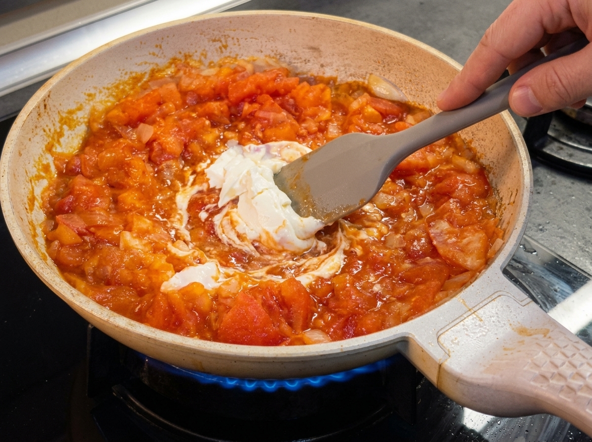 フライパンの中で煮立っている鮮やかなトマトと玉ねぎのソースに、クリームチーズの塊が溶け込んでいる様子。