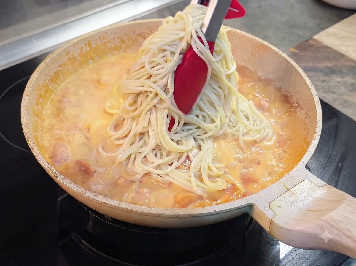 トングを使い、鍋から茹で上がったスパゲッティを直接、煮立っているトマトクリームソースのフライパンに移している様子。