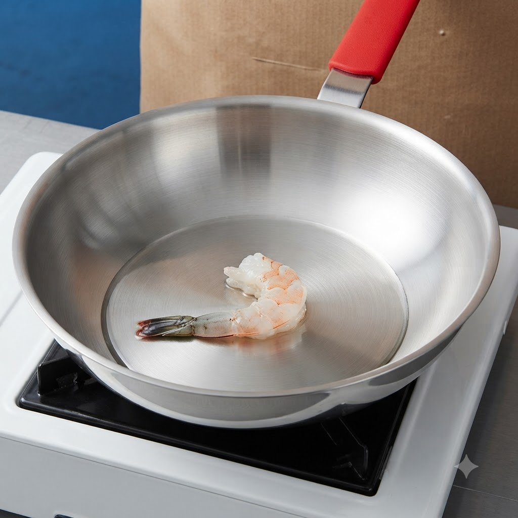 熱したステンレス製のフライパンで、下味をつけた生海老を焼いている様子。