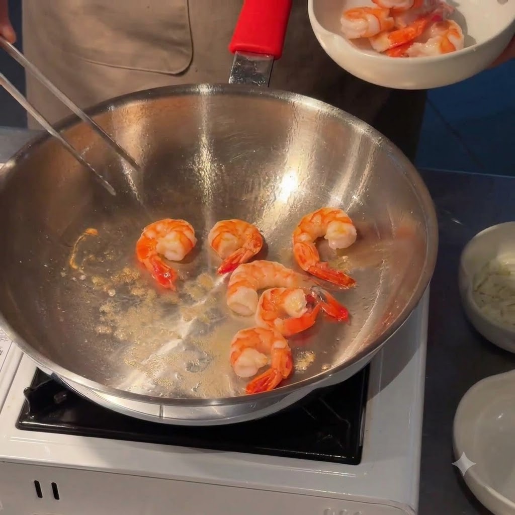 フライパンでバターを溶かし、玉ねぎとみじん切りニンニクを炒めている様子。