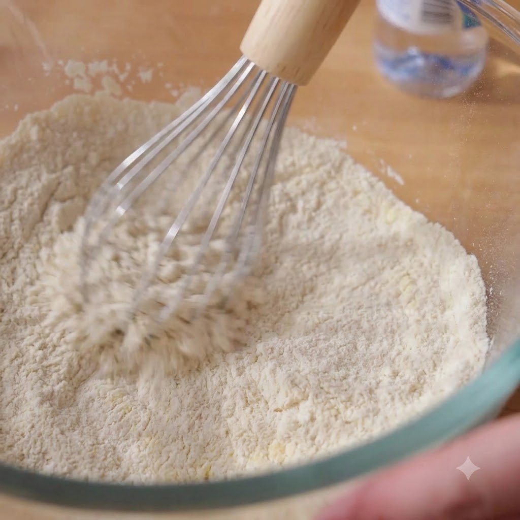 小麦粉などの乾燥材料が入ったガラスボウルに、ボトルから水を注ぎ入れているところ。