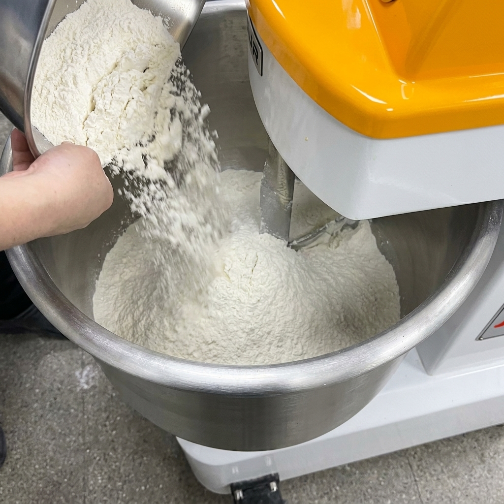 スチール製容器から業務用ドゥミキサーのボウルへと、カプート00粉が注がれている様子。