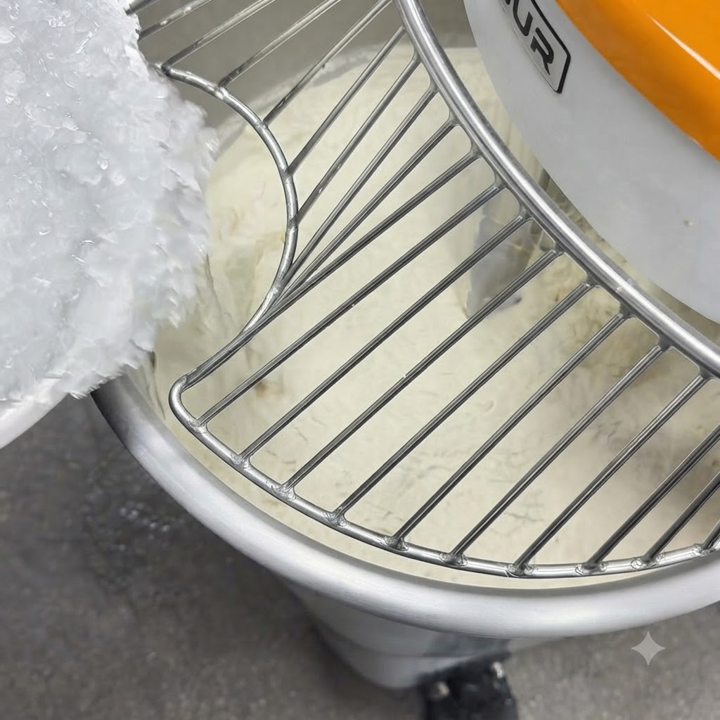 粉の入ったミキサーボウルの安全ガードを通して、氷水が注がれている様子。