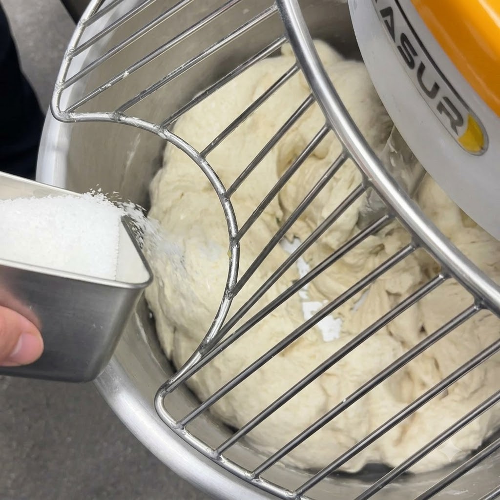 金属製容器から安全ガードを通り、ミキシング中の生地へと細かい塩が注がれている様子。