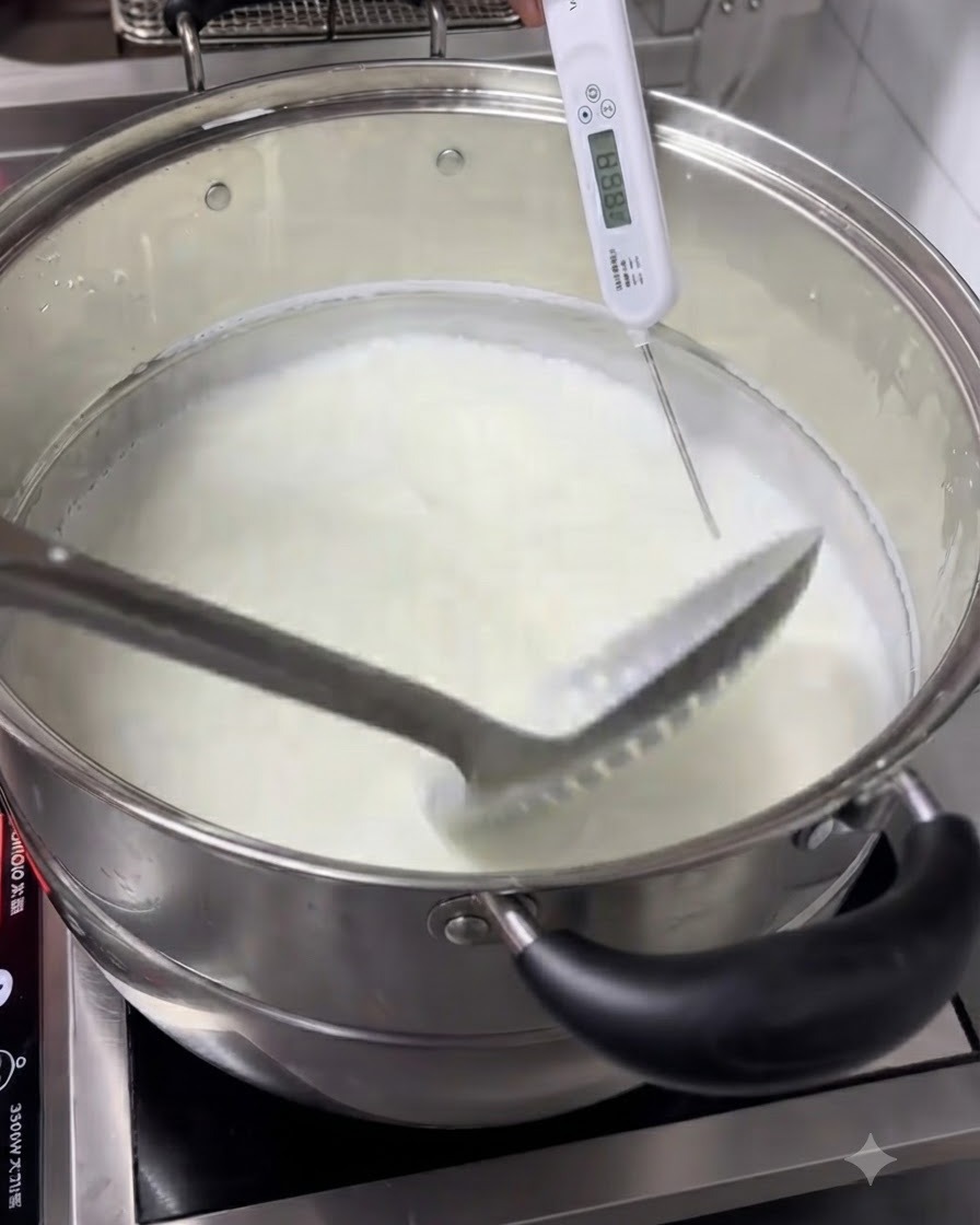 計量カップから温めた牛乳の入った鍋に新鮮なレモン汁を注いでいる様子