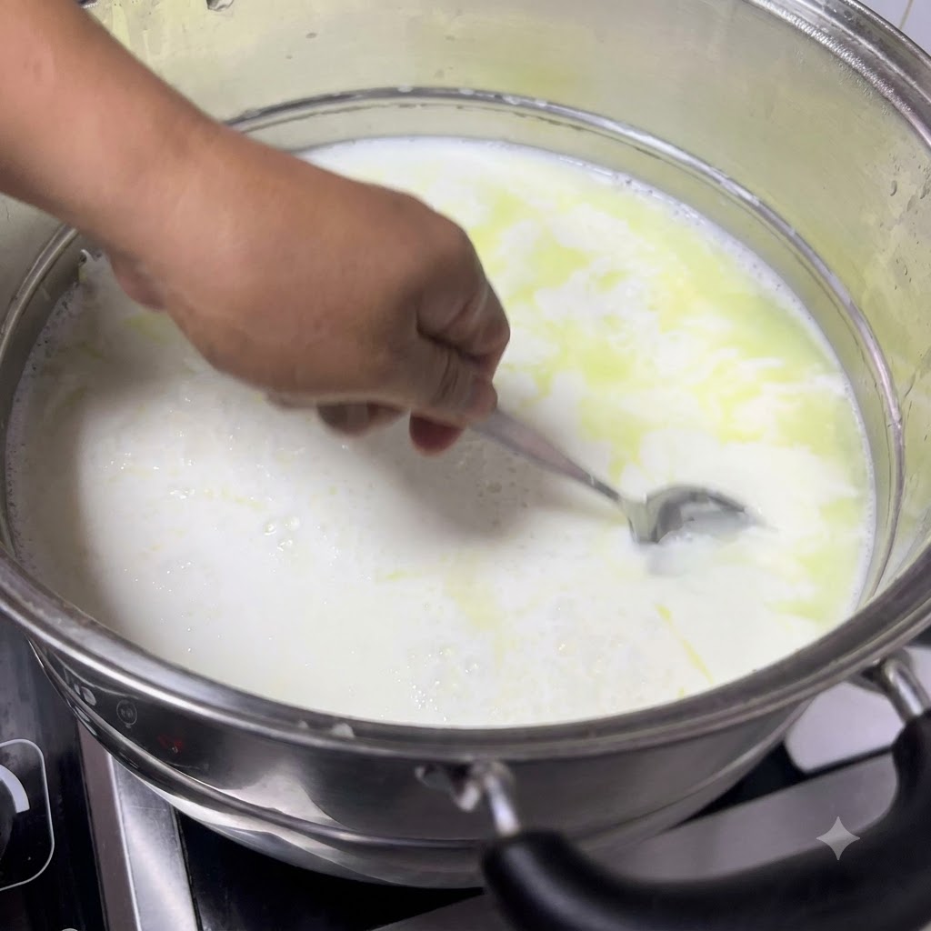 鍋から固まった牛乳をスプーンですくい、黄色のホエイから柔らかい白いカードが分離している様子を示している