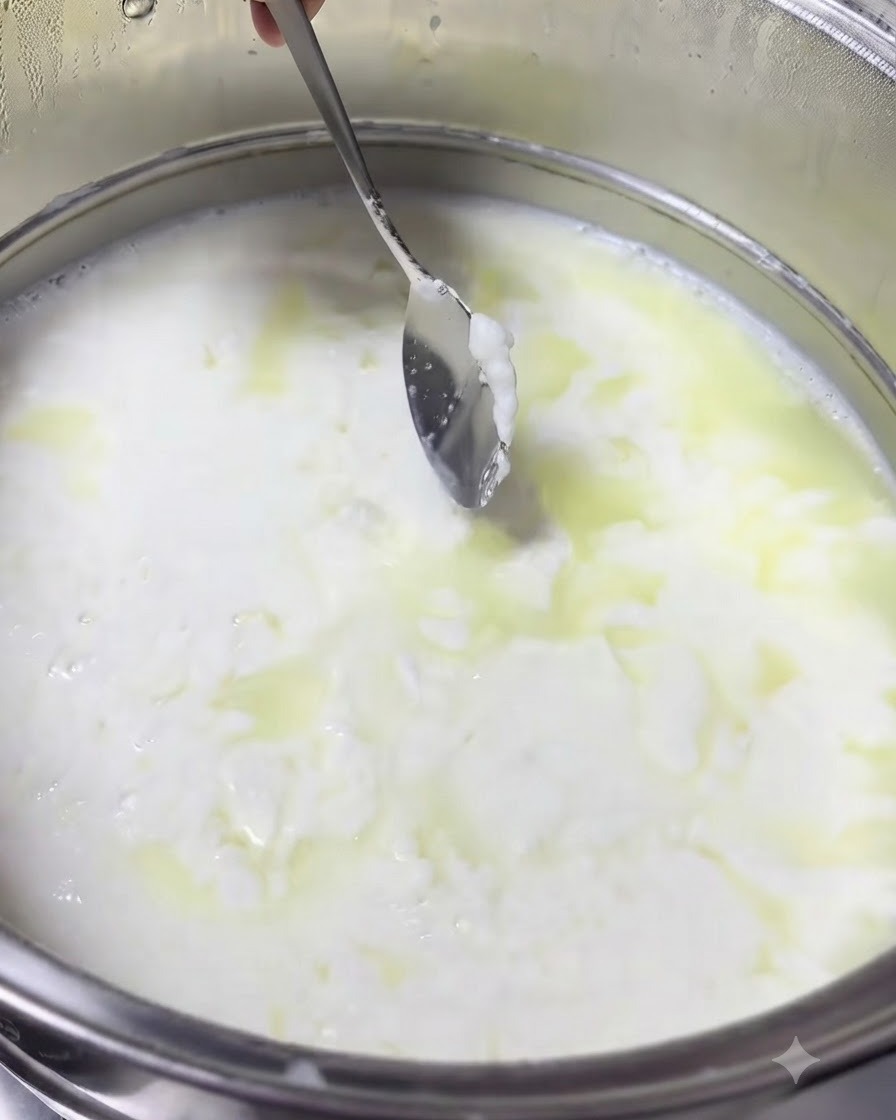 液体のホエイを分離するために、牛乳のカードが入った白いチーズクロスを鍋の上でしっかりと手で持っている様子