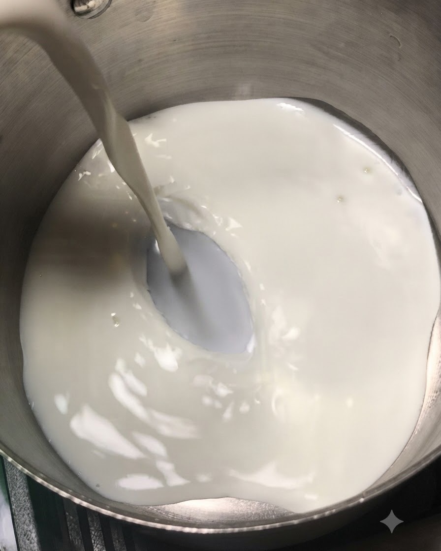 コンロ上のステンレス製の鍋に注がれる牛乳と生クリーム。