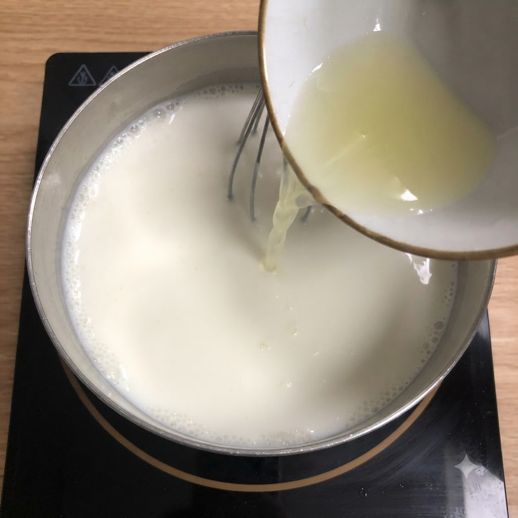 小さなボウルから、泡立ち始めた温かい牛乳の入った鍋に、かき混ぜながらしぼりたてのレモン汁を注ぎ込んでいる様子。