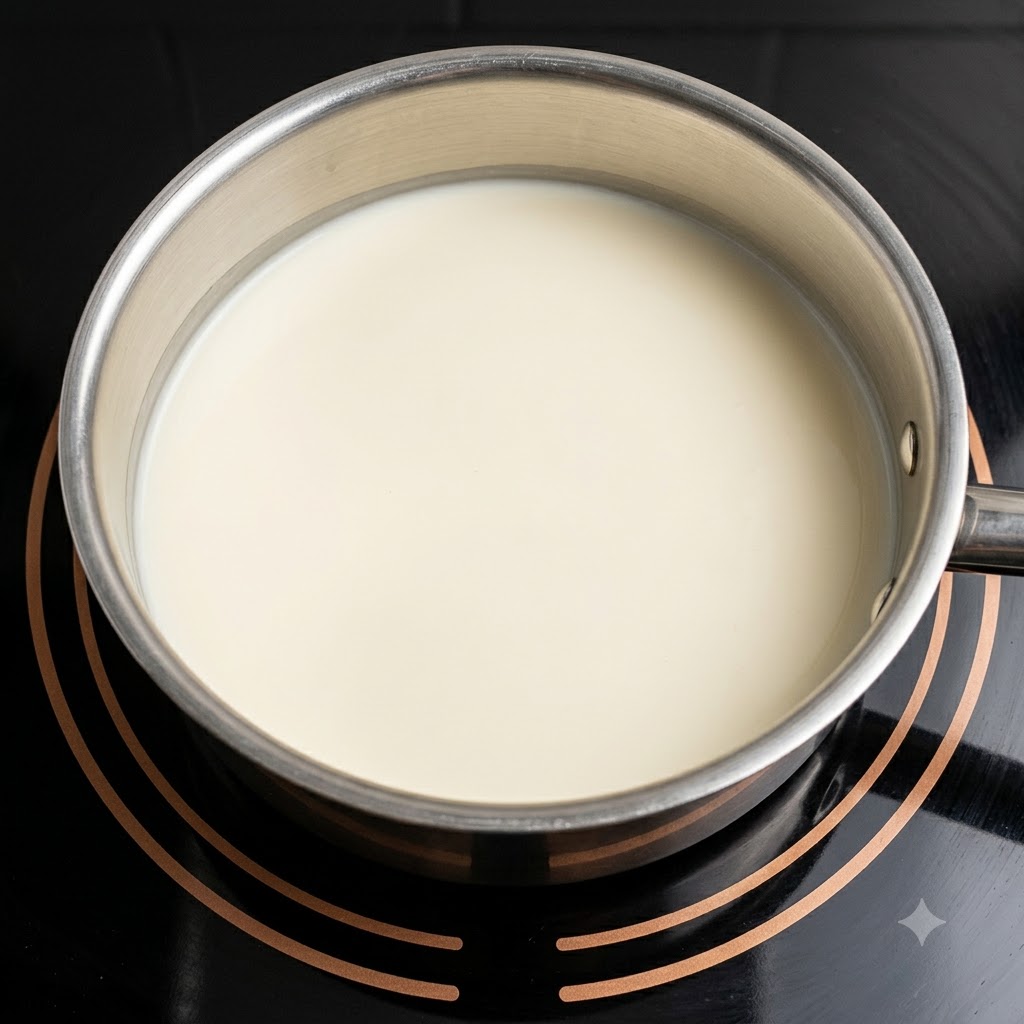 火から下ろしてしばらく置いた、鍋の中の凝固した牛乳の混合物。
