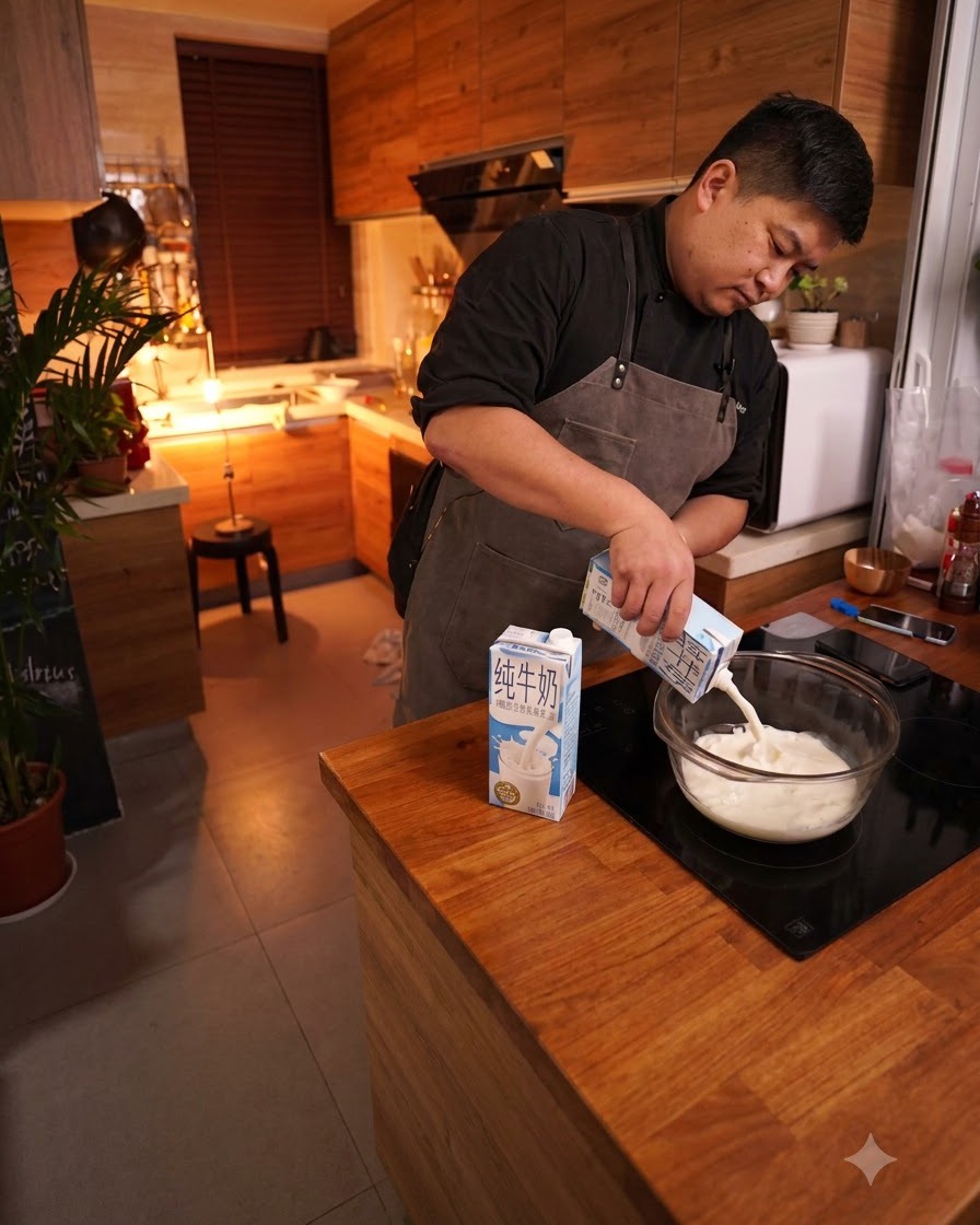 木製のカウンターの上で、紙パックから大きな透明なガラスボウルに牛乳を注いでいる様子。