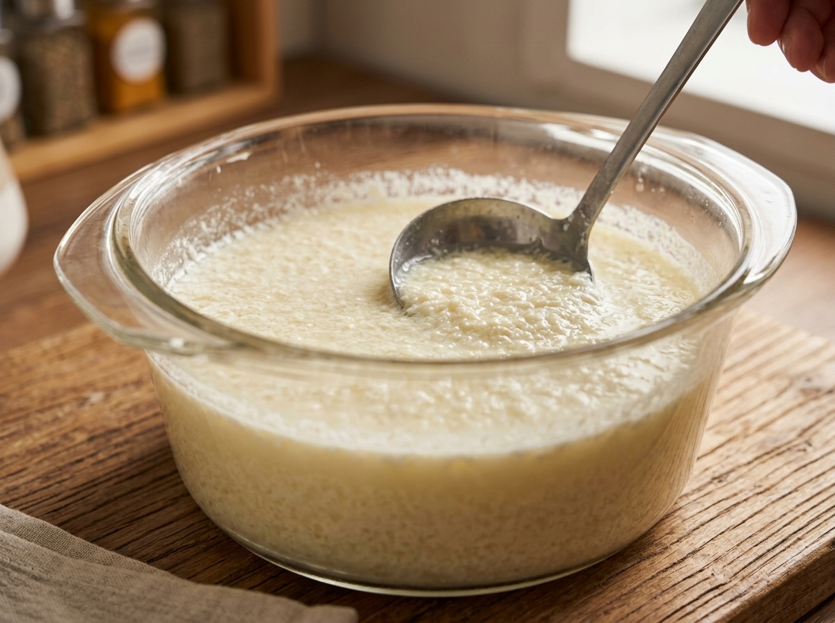 ガラスボウルの中で、新しく形成された牛乳のカードを穴あきスプーンですくい上げ、質感を確認している様子。