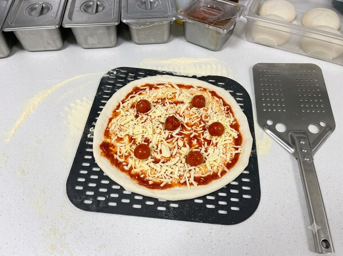 キッチントングを使って、チーズを敷いたピザの上にミニトマトのマリネを並べている様子。