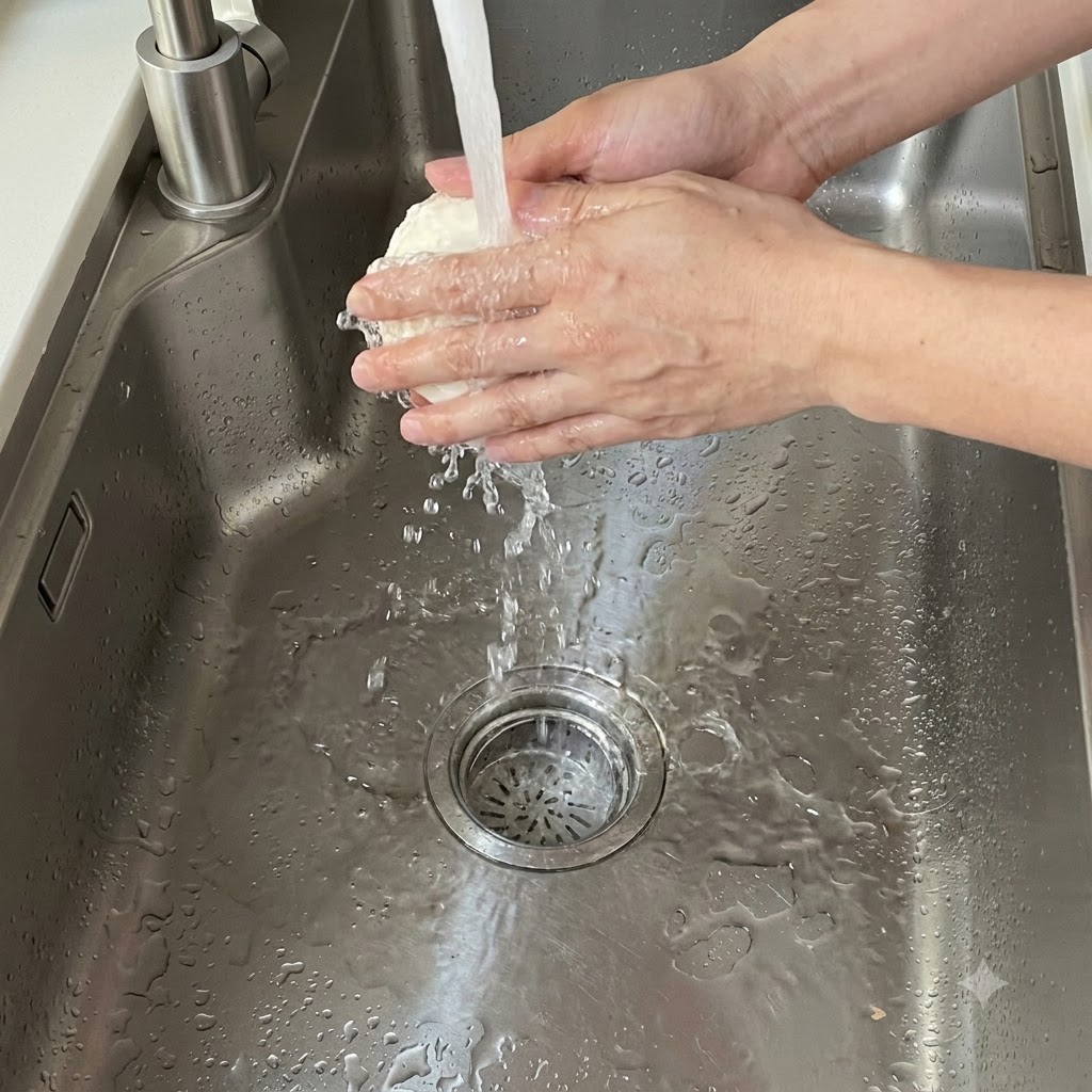 キッチンのシンクで流水にさらされている中華まん。