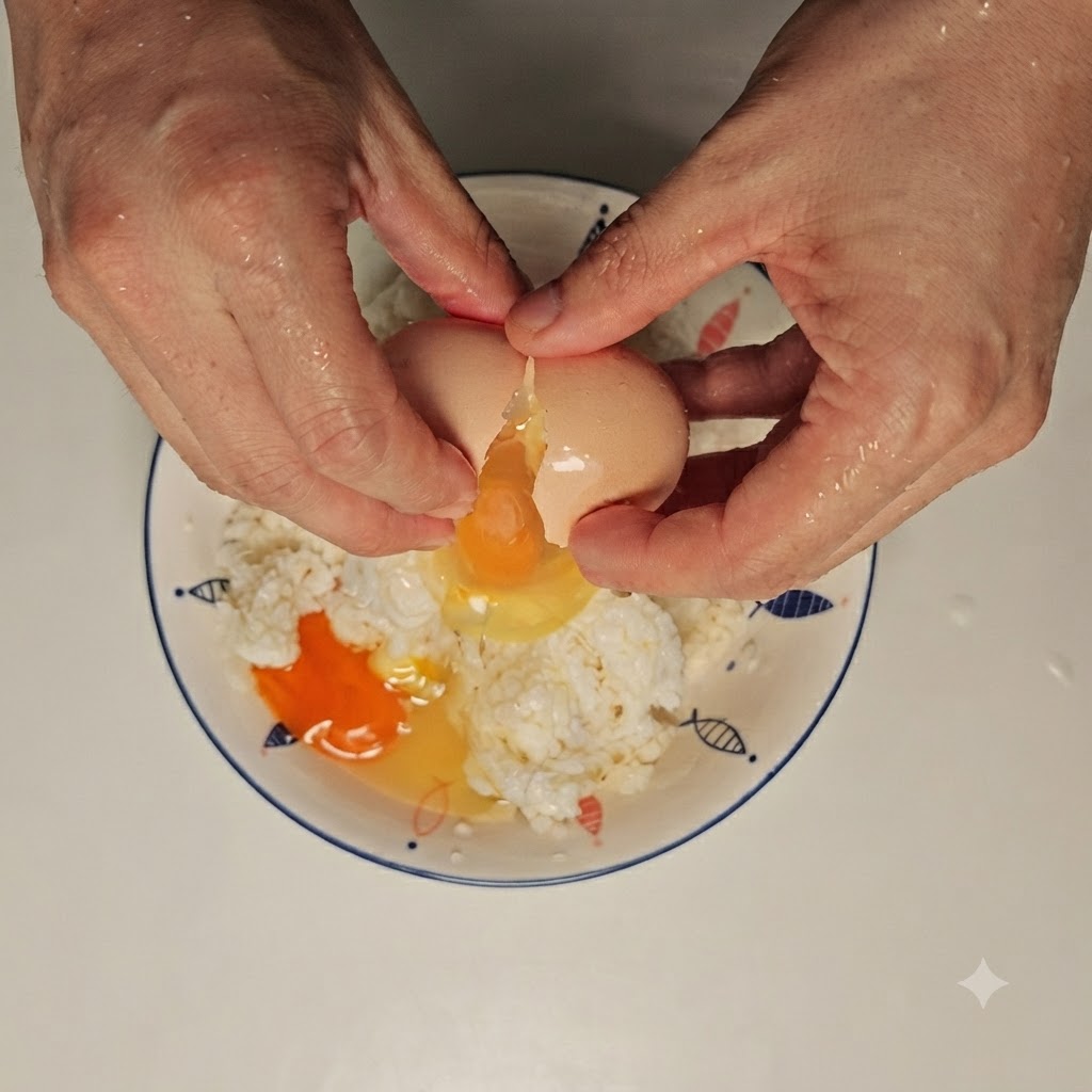 細かくした中華まんの入った白いボウルに、生卵を割り入れているところ。