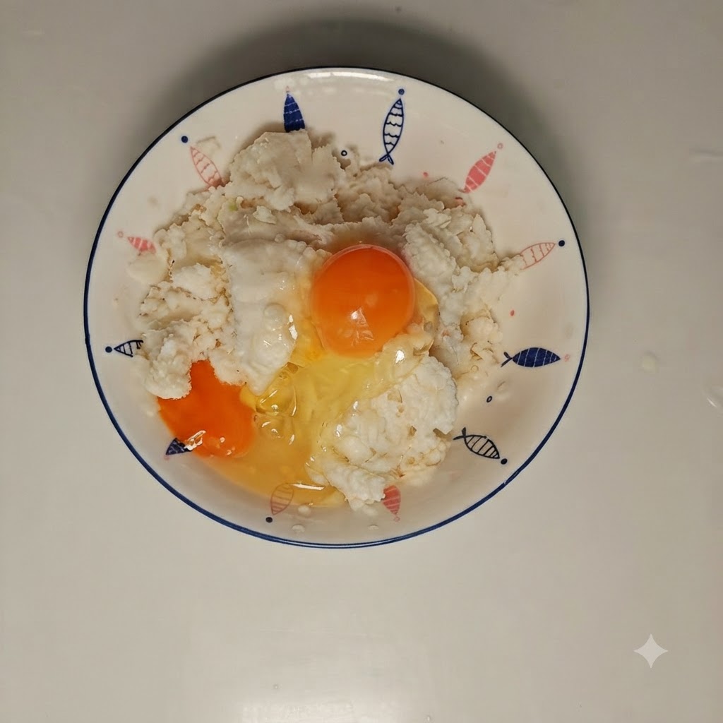 ボウルの中で混ぜ合わせる前の中華まんの細片と卵。