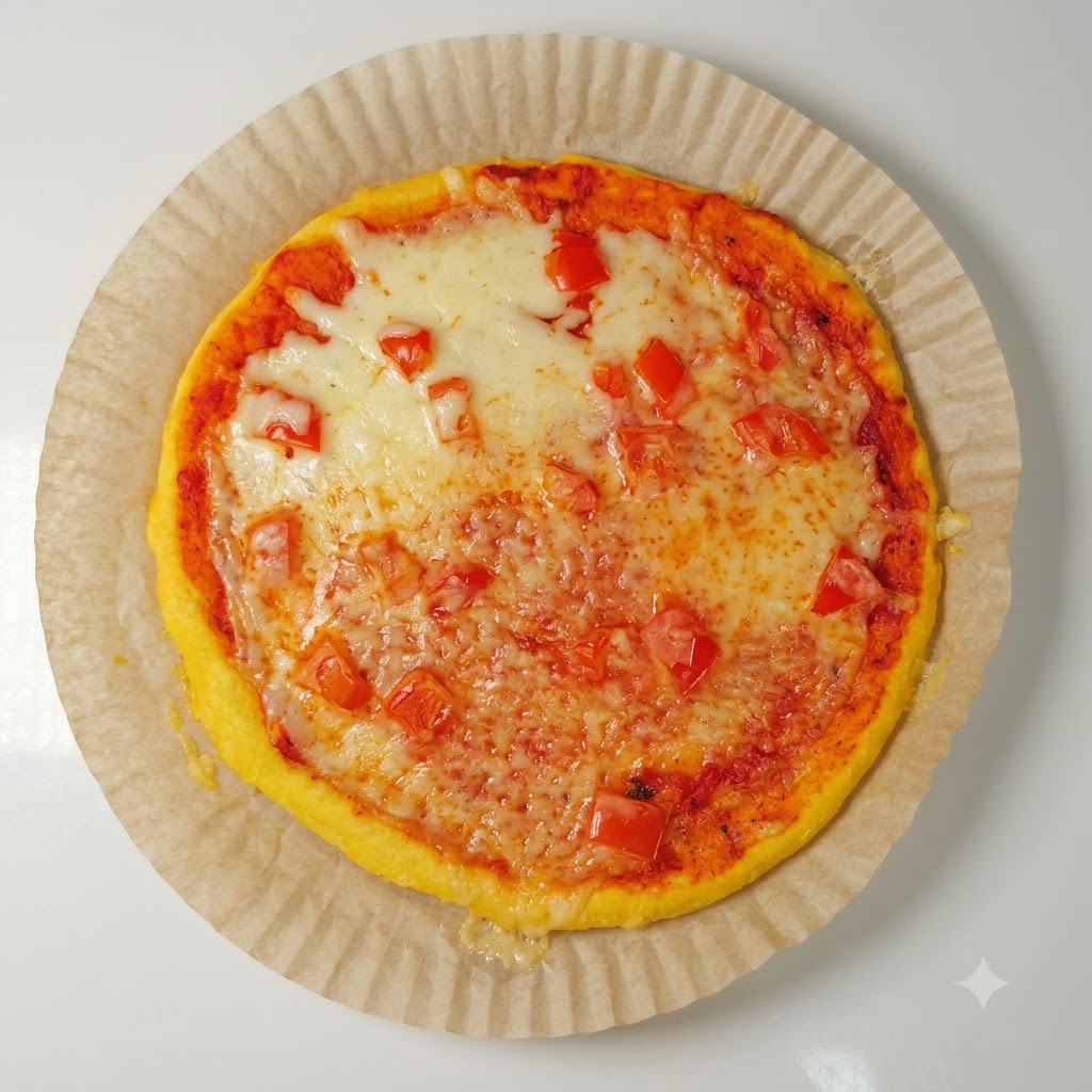 トマトソースととろけたチーズがのった焼き上がりピザに、スライスハムをきれいに並べているところ。