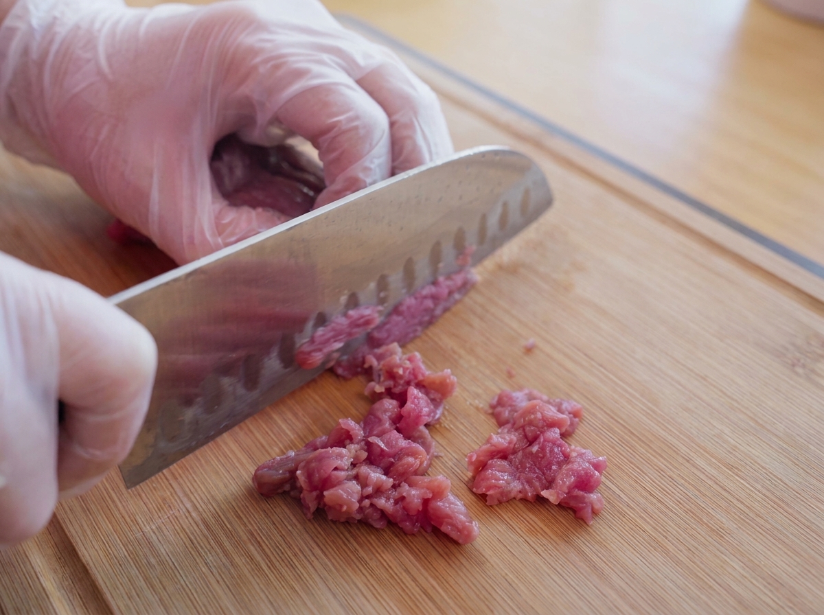木製まな板の上で包丁を使い生の牛肉を細かく角切りにする様子。